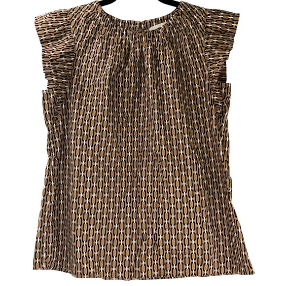 Loft Tan Chain Link Design Ruffle Cap Sleeveless Keyhole Neck Blouse Size XS - Picture 1 of 5